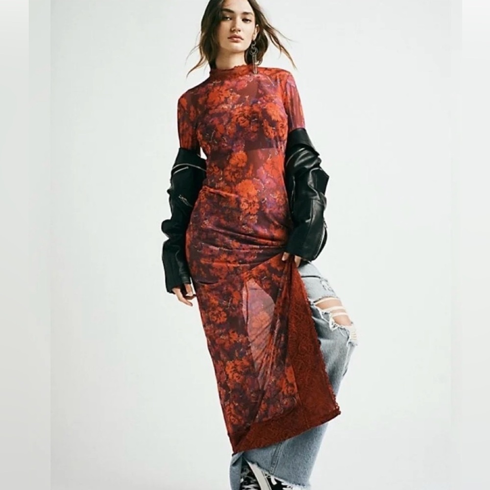 Floral mesh Free People maxi dress with thumb holes